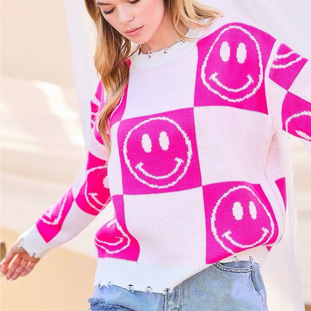 Altar’d State Pink Preppy Smiley Face Checkered Sweater